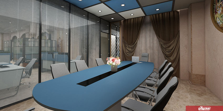 پارتیشن اداری محیط آرا:  شیشه سکوریت دوجداره با پرده کرکره مناسب جهت استفاده در اتاق کنفرانس